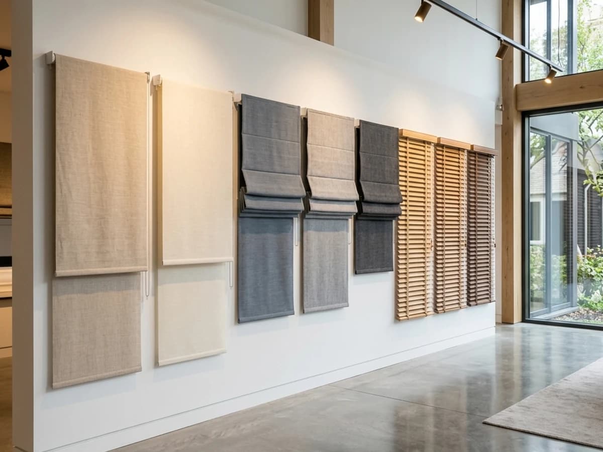 Premium blinds showroom displaying roller, roman and wooden venetian blinds