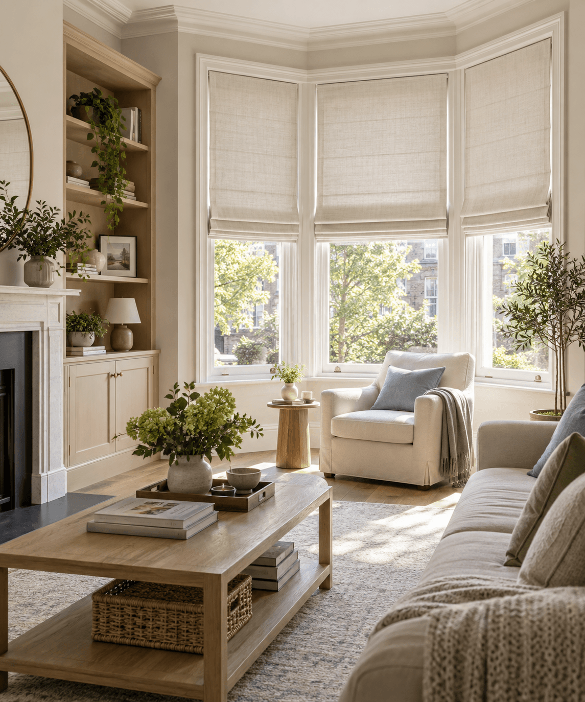 Sunlit living room with made-to-measure Roman blinds